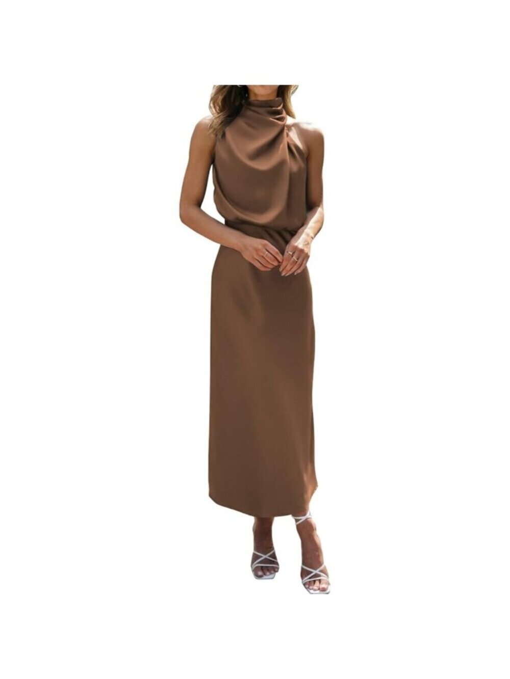 Women's Khaki Cocktail Dressess for Satin Silk Sleeveless High Waist Maxi
